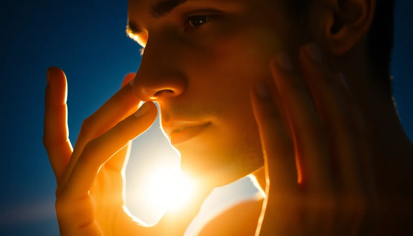 洗面台の前で溜息をつく男性