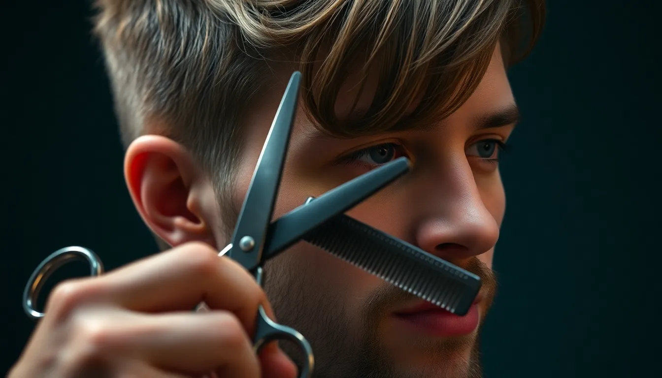 鏡の前で自分を真っ直ぐに見つめ、微かな微笑みを浮かべる清潔感のある男性