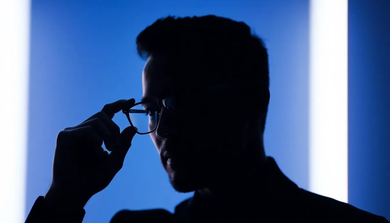 眼鏡を丁寧に拭きながら鏡を確認する男性