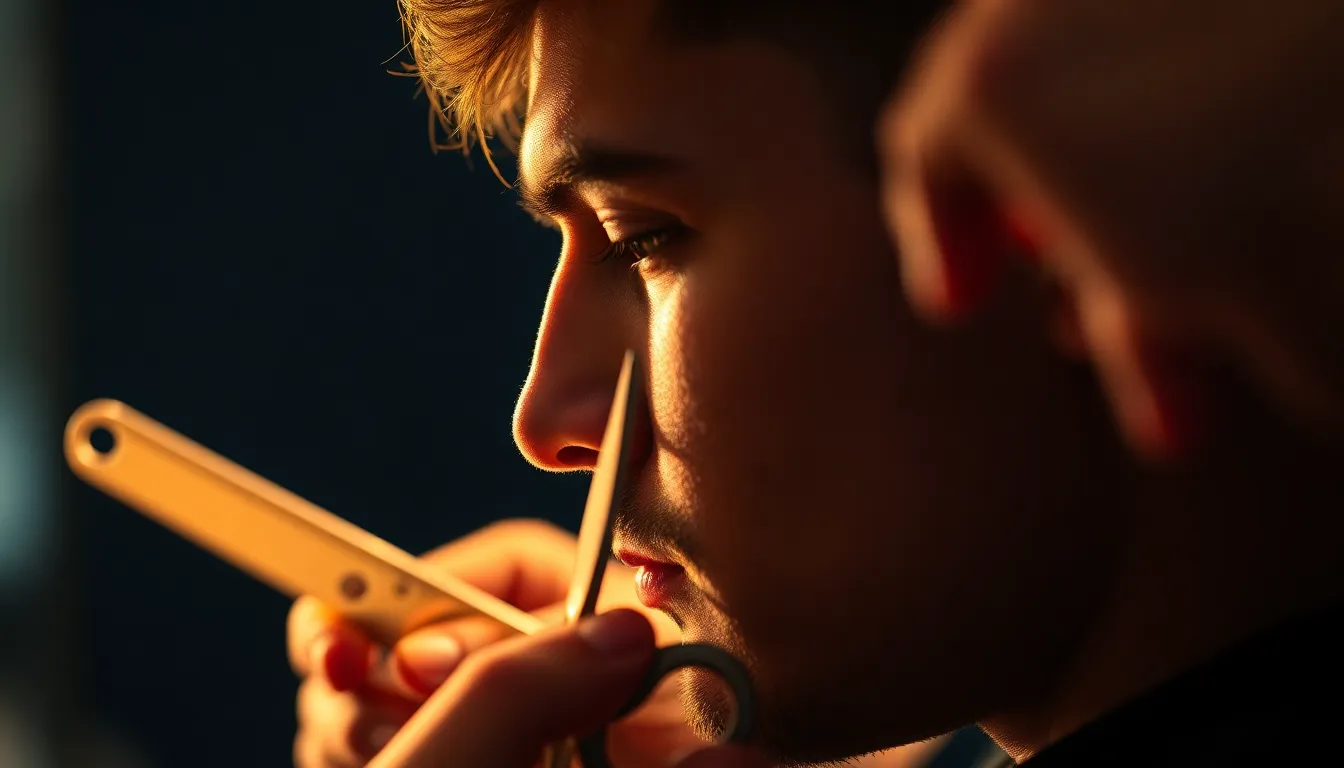 鏡の前で身なりを整える男性