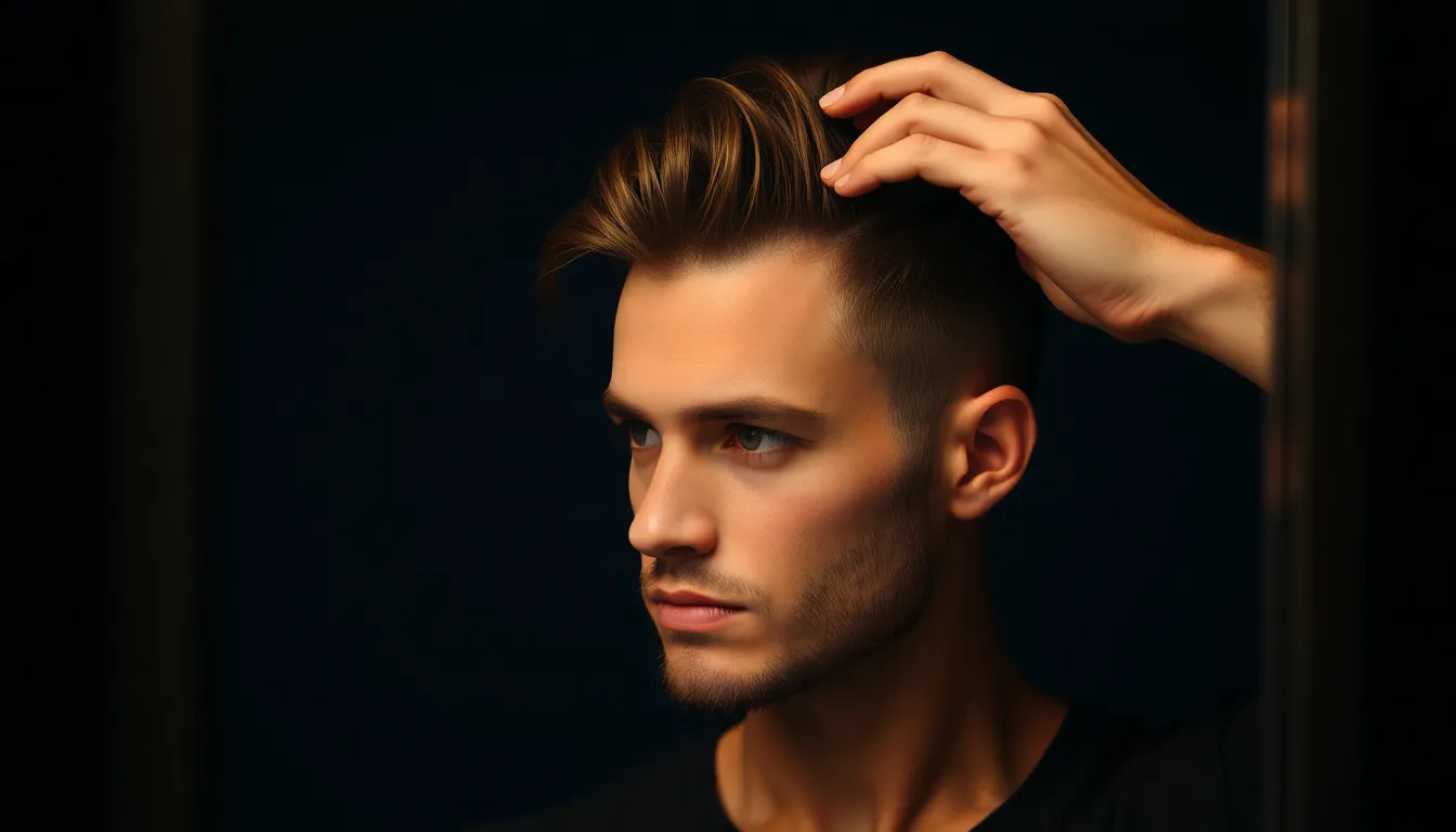 鏡の前で身だしなみを整える男性