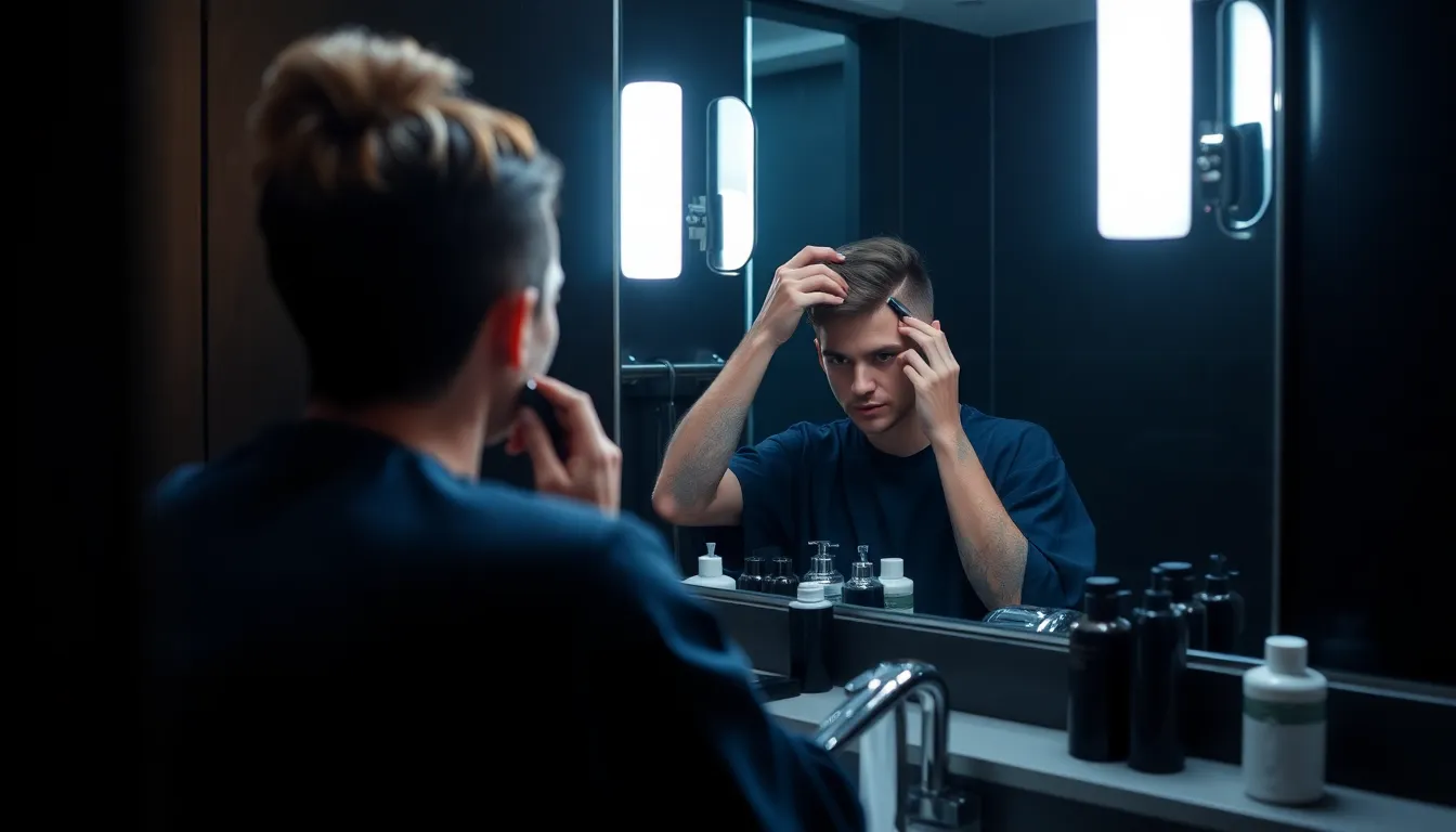 ヘアバームを手のひらで温めながら髪に馴染ませる男性