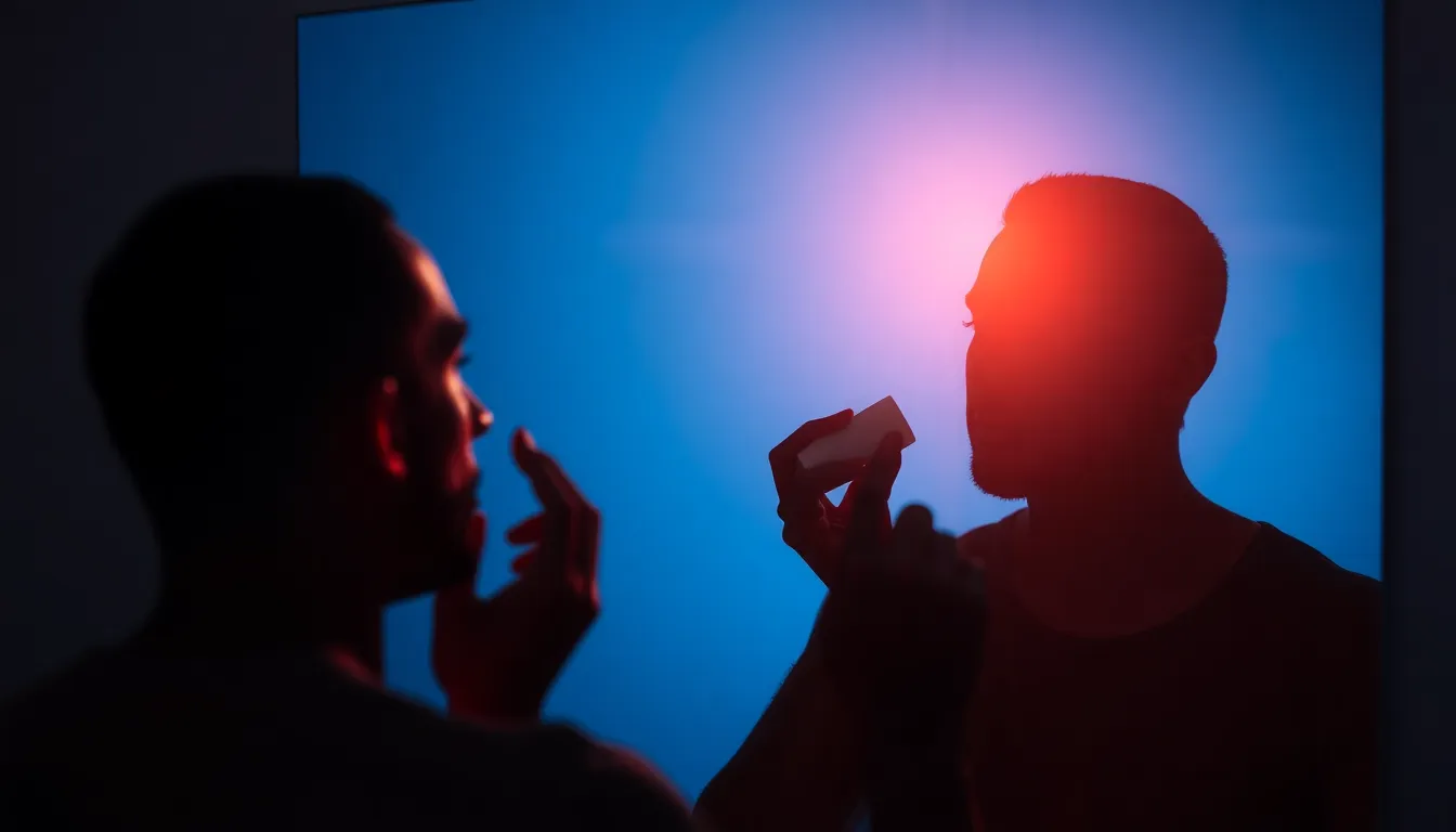 鏡の前で肌を整える男性