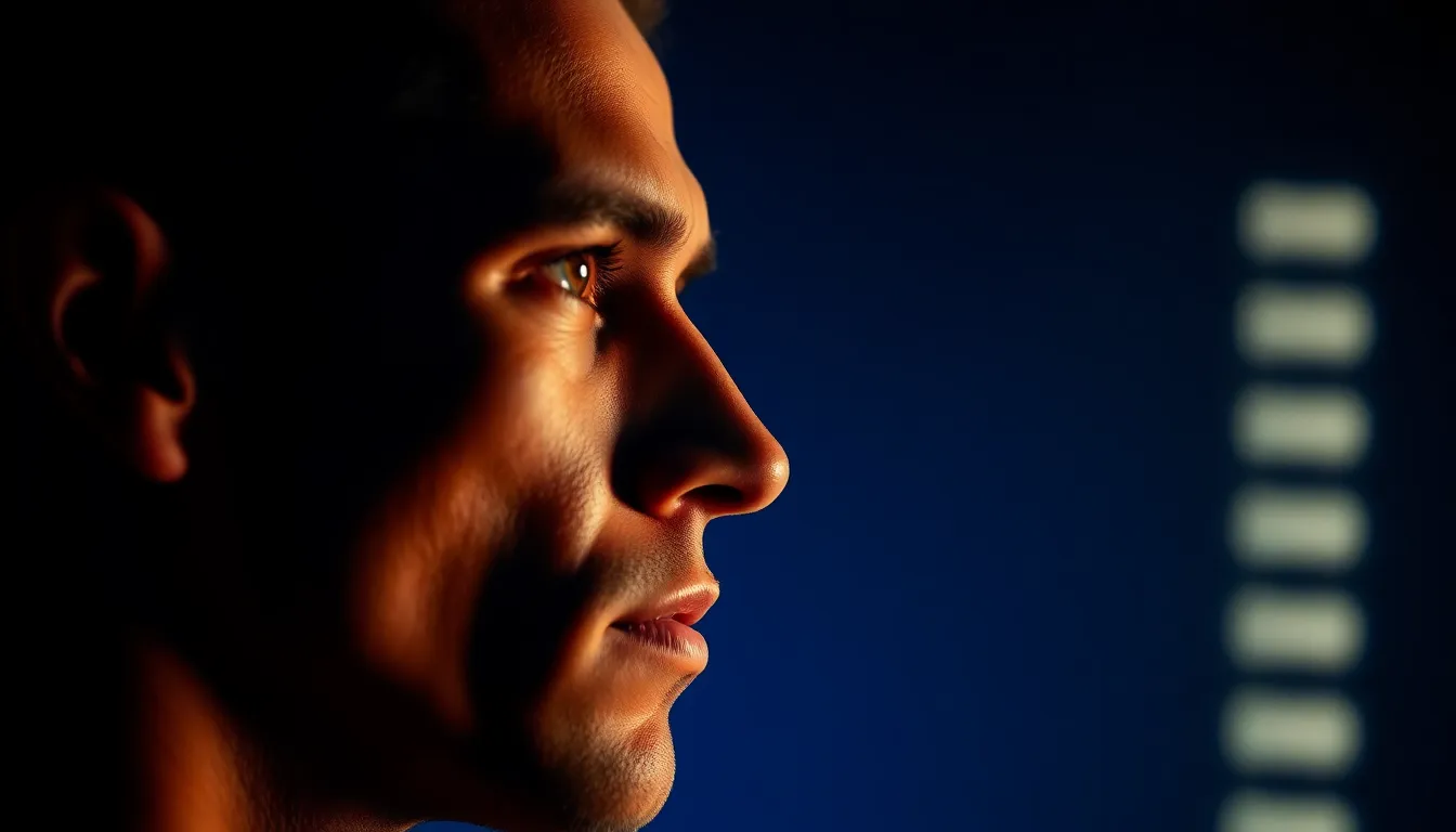 鏡の前で自分の表情をチェックする男性