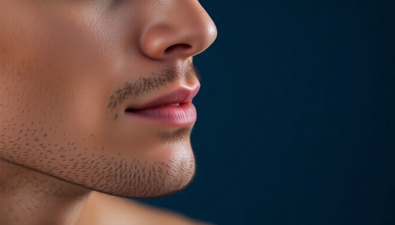 鏡の前で肌の状態をチェックする男性