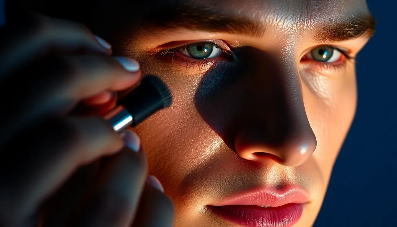 スタジオでヘアメイクを受ける男性