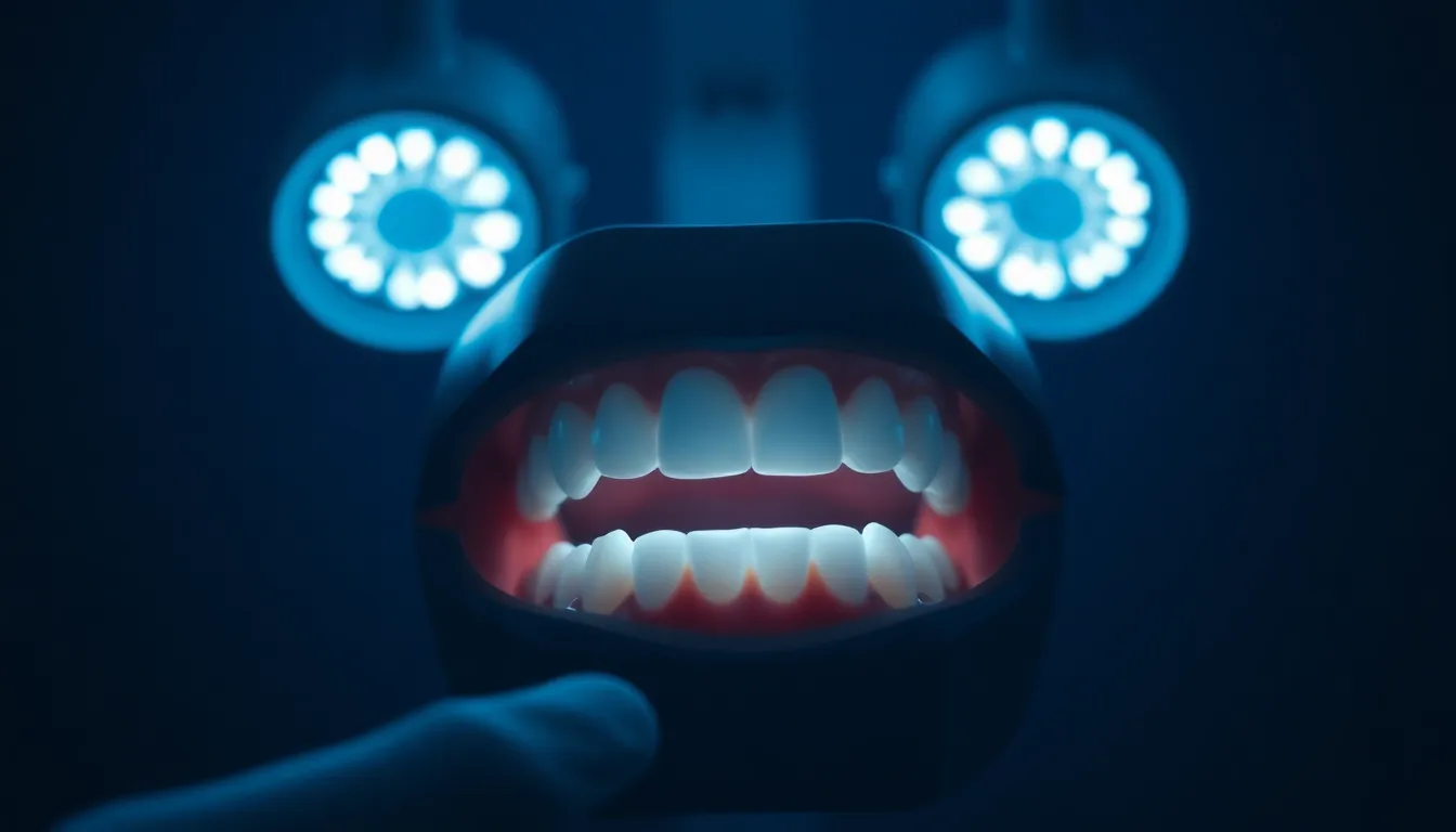 鏡の前で自分の歯の色をチェックする男性