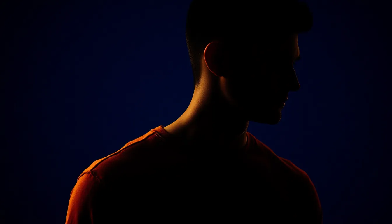 自然光の中で暖色の生地を顔に当てる男性